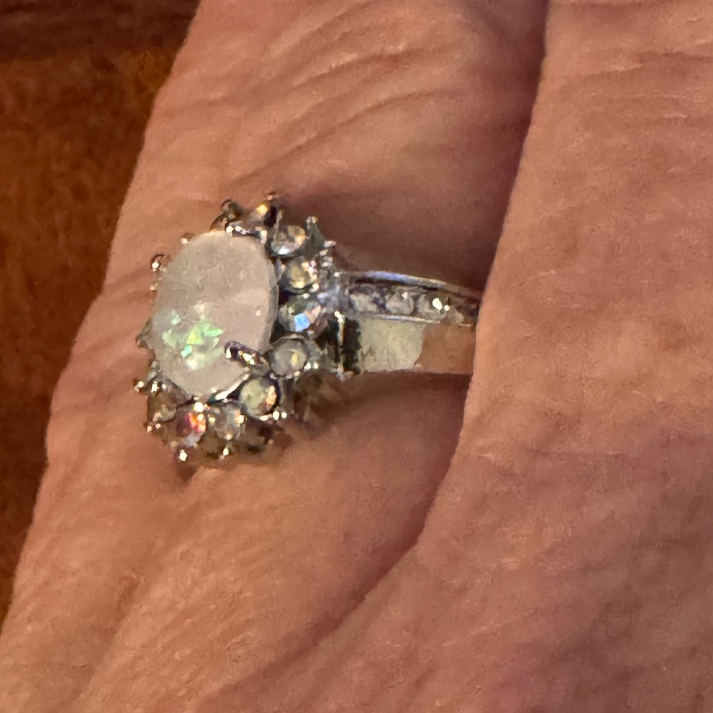 Opal Sunflower, Lab created, Flower Shape, Side Cubic Zirconia Fairy Ring, Sz 7 - Picture 13 of 13